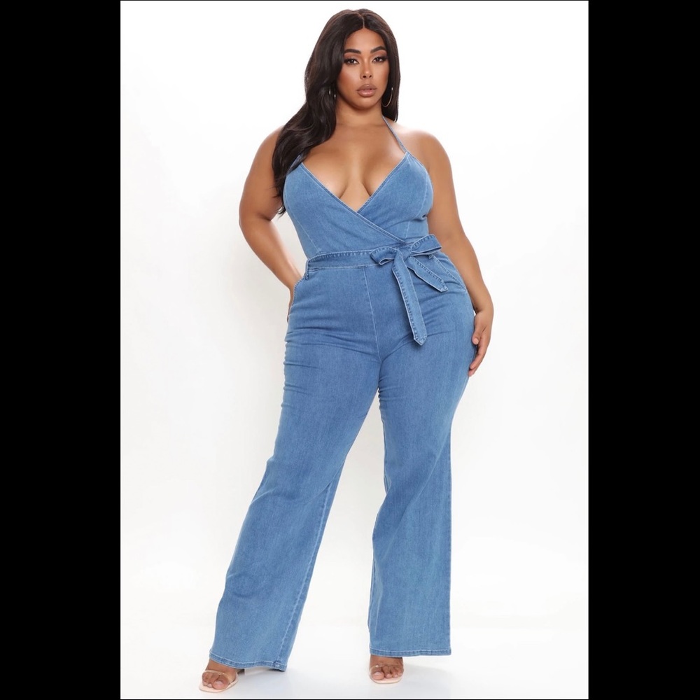 Fashion Nova Size 3X Denim Halter Top Wide Leg Jumpsuit